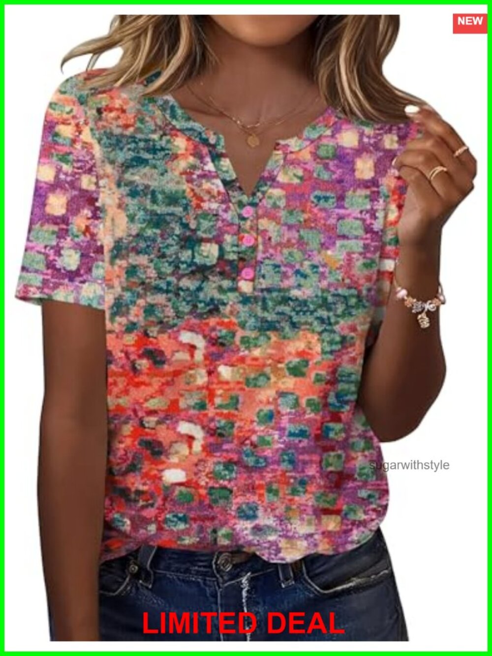 Women's V Neck Button Short Sleeve Summer Blouse Dressy Casual Top